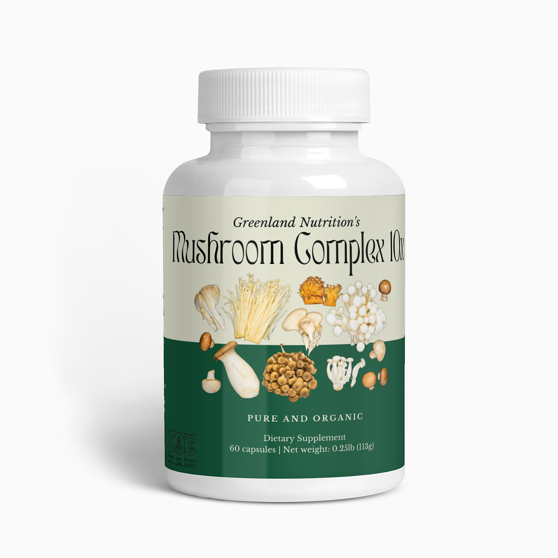 Greenland Nutrition's Mushroom Complex 10x - Bottle of potent mushroom blend supplements